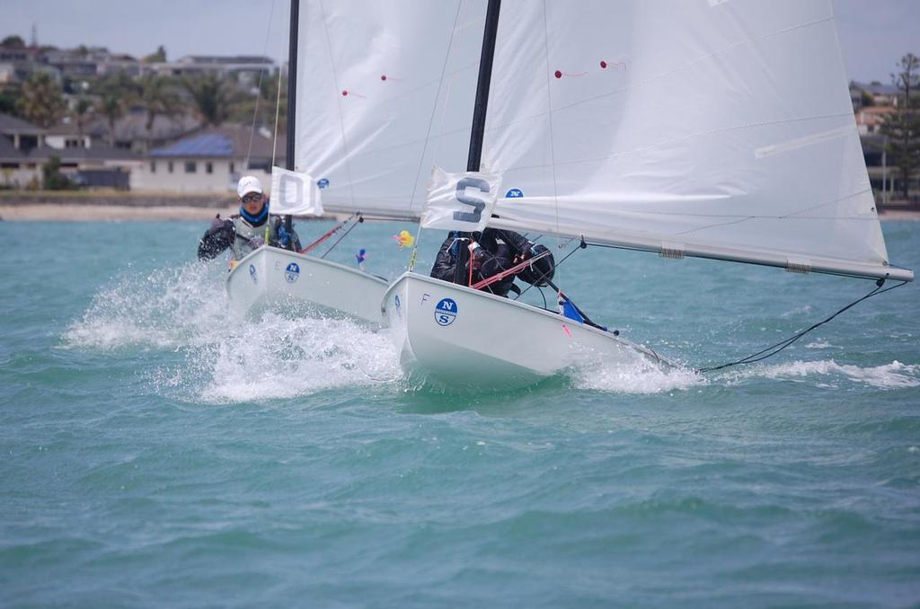 Jack Frewin, North Island, stalking Emily Agnew, South Canterbury, in the pre-start manoeuvres - Starling Match Racing Nationals 2017 © Brian Peet